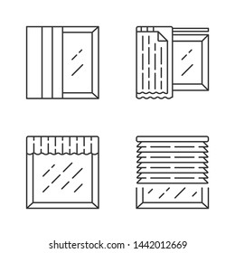 Window treatments linear icons set. Panel tracks, liner, valance. Kitchen, living room curtain. Home interior design. Thin line contour symbols. Isolated vector outline illustrations. Editable stroke