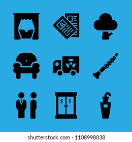 window, tree, bed, managers, umbrella stand, transportation, armchair, oboe and news paper vector icon. Simple icons set