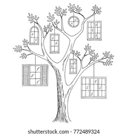 Window tree graphic black white abstract doodle sketch illustration vector