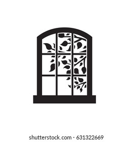 Window and tree outside the window silhouette. Black on a white background