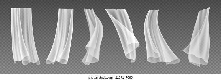 Window tulle or curtains for home interior design. Isolated realistic sheer voile of soft fabric. Covering hanging, blown by wind from outside. Vector illustration set