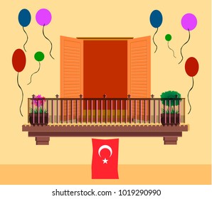 Window with Turkish flag for public holidays and national days poster vector illustration 