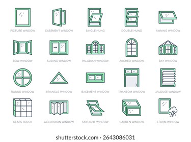 Window types line icon set. Vector illustration include icon - sliding, paladian, awning, basement, transom, accordion, skylight, outline pictogram for architecture. Green color, Editable Stroke.