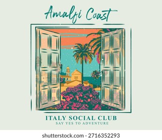 tipografia de janela, ilustração de férias de verão para t shirt, cartaz, arte de parede, maldição viagem mão desenhado vetor, Amalfi italiano costa vetor ilustração, férias de verão europeu arte gráfica