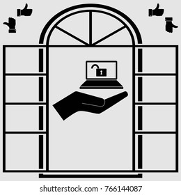 Window . Unlocked notebook in the hand, vector icon