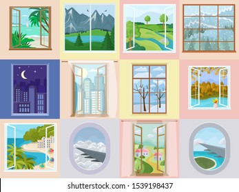 Window vector home interior design with beautiful view on mountain sea beach vacation illustration. Set of house wooden frame decoration in apartment backdrop airplane illuminator background.