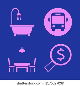 window vector icons set. with looking money, dining room, school bus and bathroom shower in set