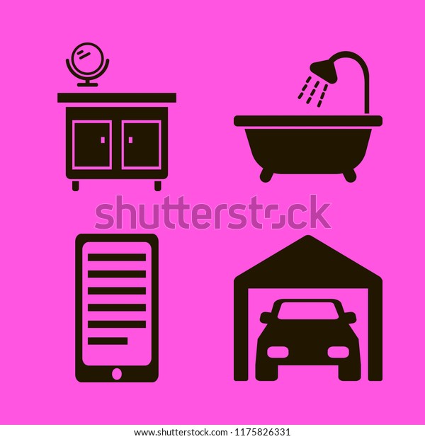 window vector icons\
set. with mirror nightstand, private garage, bathroom shower and\
phone conversation in\
set