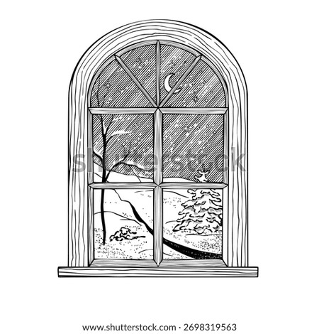 Window vector illustration showing snowy winter landscape with moon and tree. Linear drawing painted by black inks with landscape for cozy Christmas greeting cards or New Year invitations.