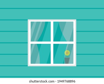 window vector illustration. The window is visible from the outside on the blue wall of the house and there are yellow flowers on the window. vector flat design.