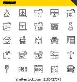conjunto de iconos de línea vectorial de ventana. iglesia, aparcamiento y casa Icons. Diseño delgado de línea. Elementos gráficos de contorno modernos, símbolos de trazo simple ilustración de fondo