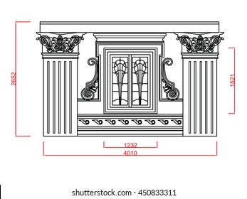 Window vector line work with dimension on white background with decorative column
