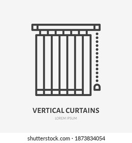 Vertikales Jalousie-Flachzeilensymbol des Fensters. Vektorgrafik des blinden Vorhangs. Schwarz-Farbe dünne Linearzeichen für die Inneneinrichtung.