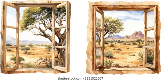 Window view in Africa clipart, isolated vector illustration.