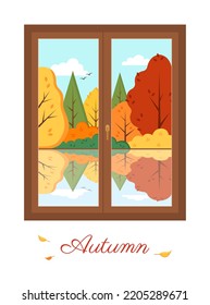 Vista de ventana del paisaje otoñal. Ilustración de vector recortada en un estilo plano.