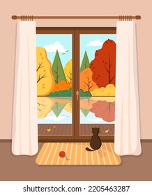 Window view of the autumn landscape. Cute vector illustration in a flat style.