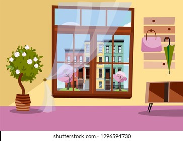 Window with view of blooming trees and Multicolored multi-party cozy houses. Spring brown interior with tree in tub,umbrellas on hanger. Cityscape in blossom outside. Flat cartoon vector illustration.