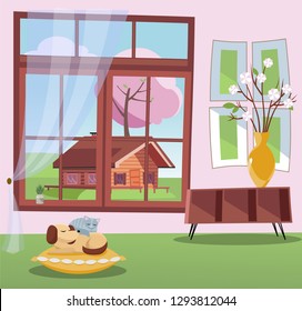 Window with a view of blossom trees and country wood house. Spring interior sleeping cat and dog on pillow, shelf, vase with branches. nonparallel objects. Sunny weather outside. Flat cartoon vector