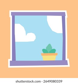 Window View with Clouds and Potted Plant sticker in cutout style and flat pastel tone color