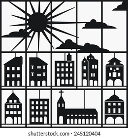 Window view of day and house in white background.  Window view of shadow day and house view pattern in white background. 