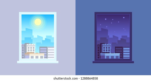 Window View. Day And Night, Apartment Windows Views. Morning And Evening Architecture House Room Cityscape Cartoon Vector Concept