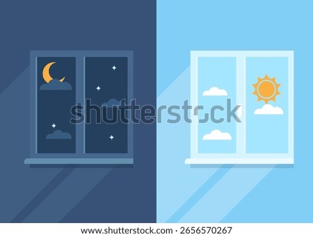 Window view. Day and night window cartoon vector concept stock. Vector illustration stock Illustration