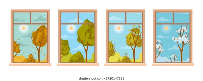 Fensteransicht zu verschiedenen Jahreszeiten. Vektor im flachen Stil, einzelne Landschaften mit Park im Winter und Frühling, Sommer und Herbst. Schneefall und Niederschläge, sonniges und trübes Wetter