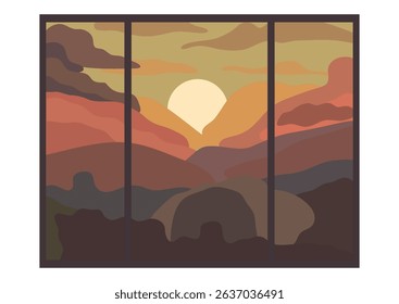 Window view of hill sunset landscape. Abstract illustration of hills and sun. Modern natural scenic decor element.