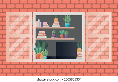 window with view inside room design, Home decoration interior living building apartment and residential theme Vector illustration