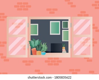 Fenster mit Blick in die Raumgestaltung, Inneneinrichtung Wohngebäude Wohnung und Wohnthema Vektorgrafik