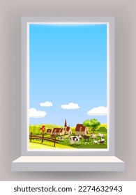 Window view interior, farm, rural landscape, animals, country nature