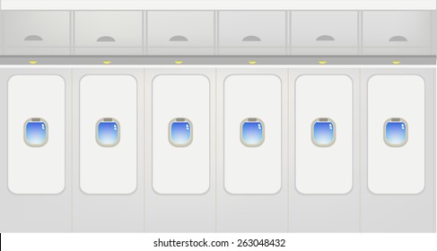 Window View Interior of Jet Plane with panels of baggage compartments and windows overlooking blue sky. Wallpaper concept for travel and tourism industry. Editable EPS vector illustration and jpg.  