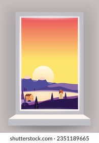 Window view interior, minimal landscape, sea, ocean, coastal town,, mountains