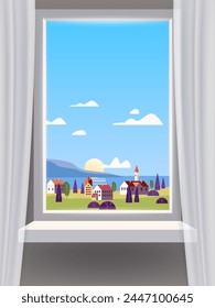 Window view interior, minimal landscape, sea, ocean, coastal town,, mountains