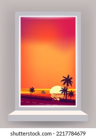 Window view interior, minimal tropical landscape, palms, sunset, cloud, beach, sea, ocean, road