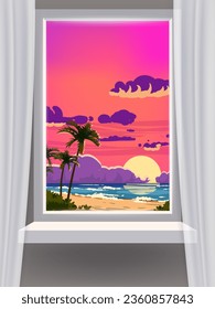Window view interior, minimal tropical landscape, palms, sunset, cloud, beach, sea, ocean, coastal town, mountains