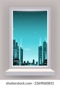 Window view interior, night city, skyscrapers, lights buildings.