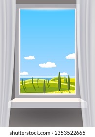 Window view interior, rural landscape, country nature