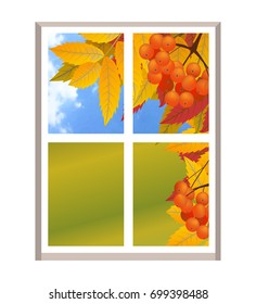 Window with a view of a landscape in autumn, branch of rowan. Fall. Illustration over white background. Vector.