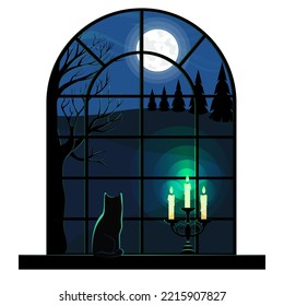 Window view of the landscape with black cat silhouette on the windowsill cartoon vector illustration. View through a window frame of a field , tree and candel with green flame.