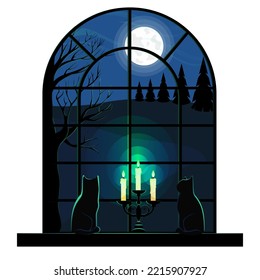 Window view of the landscape with black cats silhouette on the windowsill cartoon vector illustration. View through a window frame of a field , tree and candel with green flame.