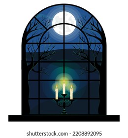 Window view of the landscape with black trees silhouettes on the windowsill and candel cartoon vector illustration. 