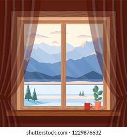 Window view of the morning and evening blue mountains, snow, spruce and river in winter, at dawn, sunset in cozy home with cup of coffee. Christmas and New year welcoming. Vector flat illustration.