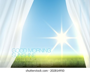 Window View Of Morning Sun Rising Over Green Field With Transparent White Curtains. Editable Template.