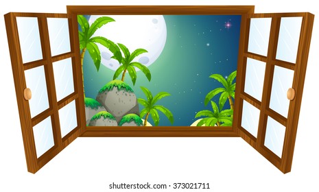 Window view with mountain at night illustration