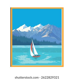 Window with view of mountains and yacht on lake