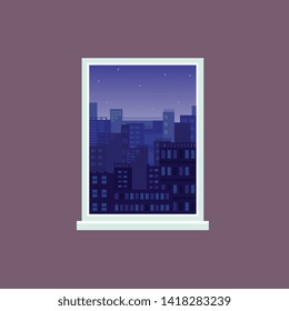 Window view to night city under starry sky, modern architecture buildings on background seen from inside a room, flat cartoon style design os open cityscape. Vector illustration