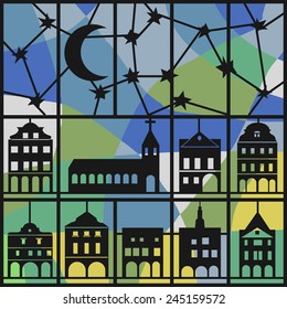Window view of night sky and house.  Window view of shadow night sky and house pattern. 
