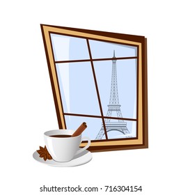 Window with view on Eiffel tower outside isolated on white background. Vector illustration