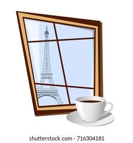 Window with view on Eiffel tower outside isolated on white background. Vector illustration